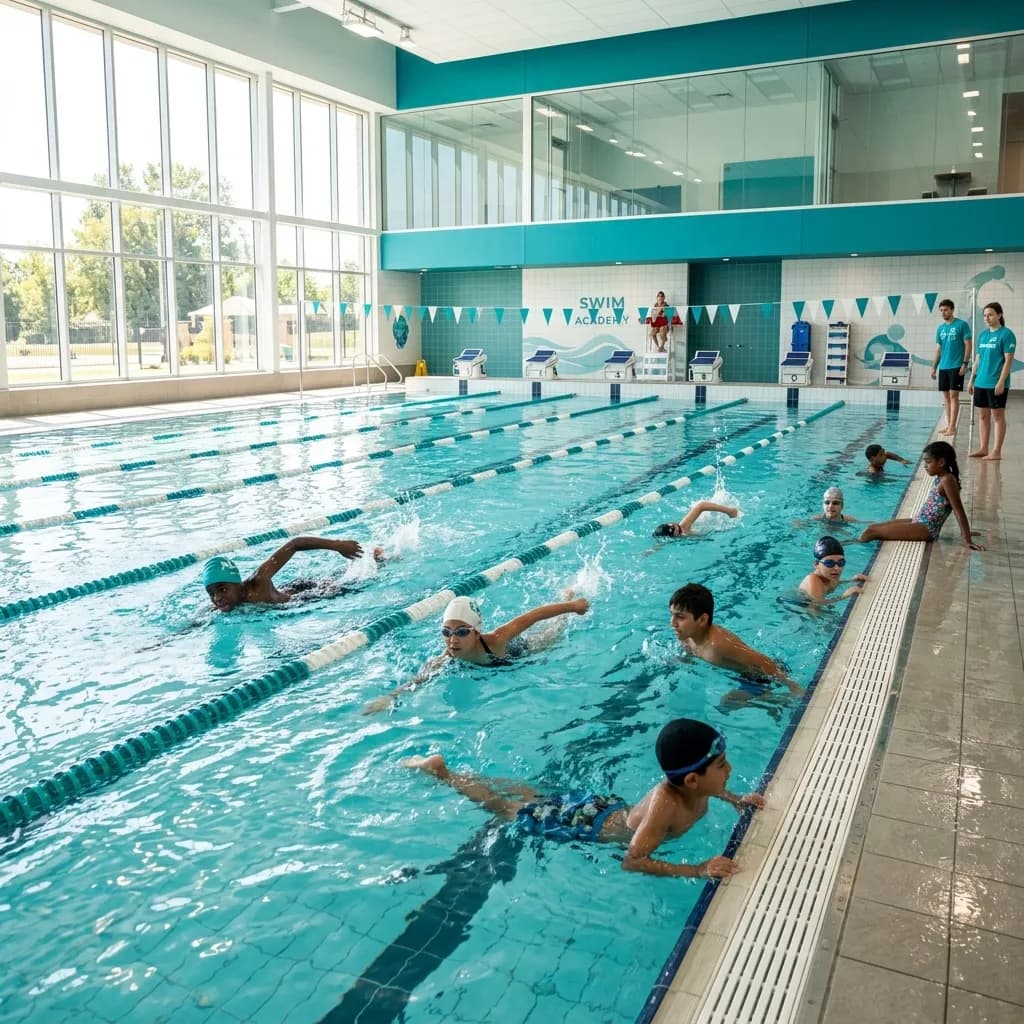Children swimming in a modern pool facility